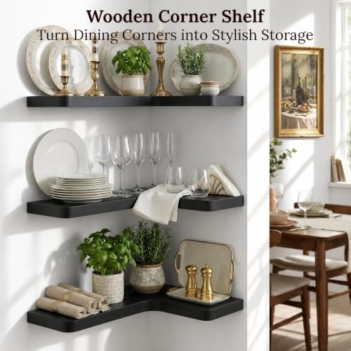 16 Inch Solid Wood Floating Corner Shelves, 3 Pack, Matte Black
