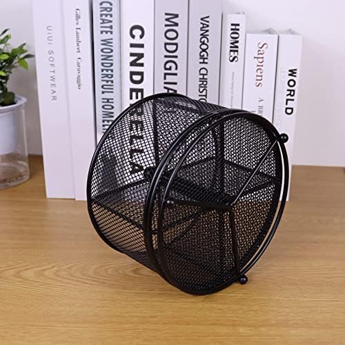 Pen Holder for Desk, 360 Rotating Mesh Pencil Organizer Marker Storage Caddy, Black Large Capacity Desktop Stationery Organizer, 4 Compartments for Home Office School Kids Art Supplies