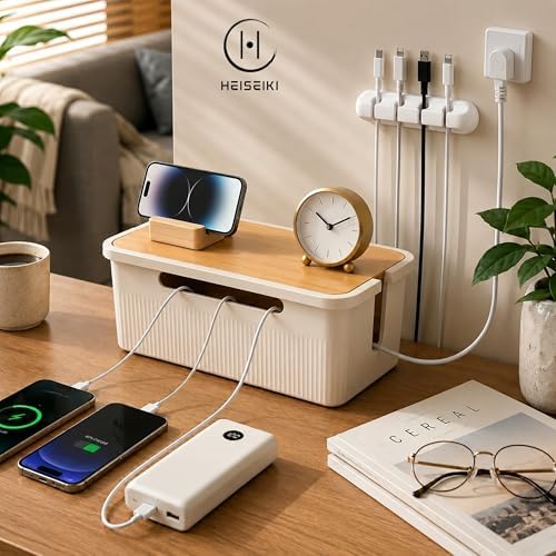 Cable Management Box, Cord Organizer, Pine Wood Lid, Cream White
