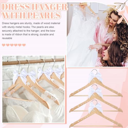 Wonderjune White 10 Pcs Bride Hanger for Wedding Bride Groom Bridesmaid Ribbon Bow Pearl Hanger Wood Color Elegant Wooden Dress for Bridal Shower Tuxedo Photo Keepsake Party Gift (Pearl Bow)