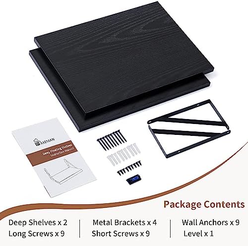 Axeman Deep Floating Shelves for Wall, 16W x 12D Black Floating Shelves Set of 2, 12 Inch Deep Large Wall Mounted Shelve