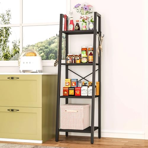 YMYNY 4 Tiers Ladder Bookcase, Industrial Narrow Bookshelf, Open Display Rack with 4 S Hooks, Metal Storage Shelves for