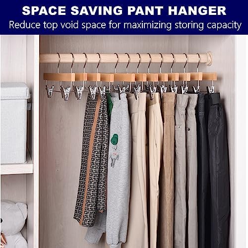 Amber Home 10 Pack Natural Wooden Pants Hangers with Adjustable Clips, 14"
