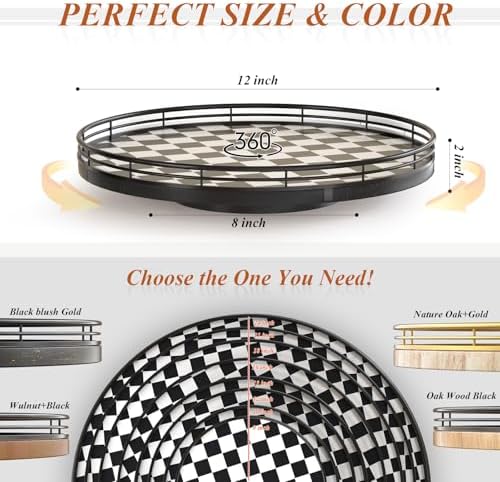 AMH 12 Inch Black and White Checkerboard Lazy Susan with Oak Wood Base