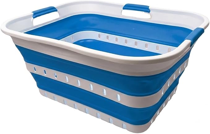 SAMMART 42L (11 gallon) Collapsible Plastic Laundry Basket - Foldable Pop Up Storage Container/Organizer - Space Saving Hamper/Basket (1, Wt/Classic Blue)