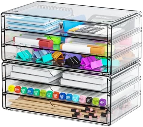 Yieach 2 Pack Acrylic Storage Drawers With 6 Drawers,Stackable Desk Organizer and Makeup Organizer,Large Clear Office Su