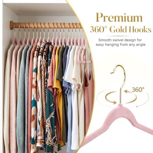 HOUSE DAY Pink Velvet Hangers 60 Pack with Gold Hooks, Non-Slip, No Marks