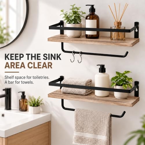 PHUNAYA Kitchen Floating Shelves, Paulownia, Carbonized Black, Set of 2