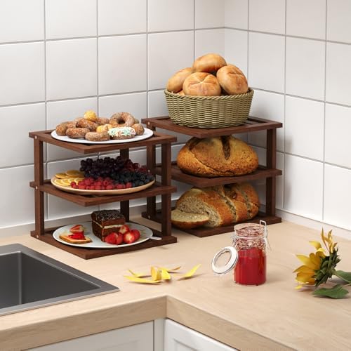 2 Pack Bamboo Corner Shelf,3 Tier Kitchen Cabinet Organizer for Plates and Dishes,Pantry Storage and Spice Rack(Brown)