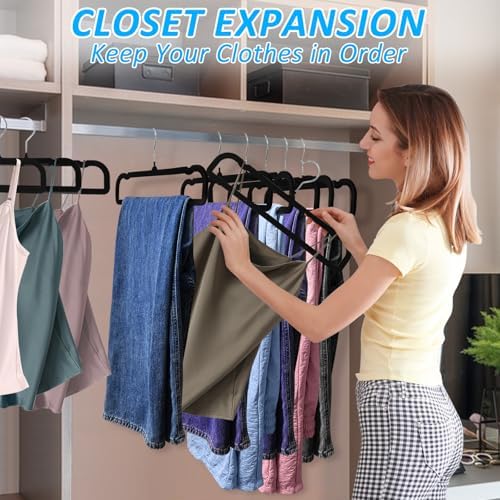 Pants Hangers Non Slip, 30 Pack Velvet Hanger for Closet with 30 Hooks, Strong Durable Space Saving Slim Pants Hanger, Ultra Thin & Space Saving Flocked Hangers for Pants/Shirts/Shorts/Bra (Black)
