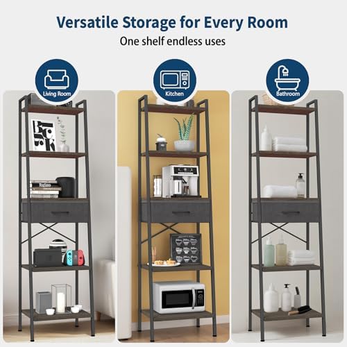 Whitmor 5-Tier Ladder Bookshelf with Drawer, Tall Narrow Bookcase with Wood Shelves & Metal Frame, Modern Display Storag