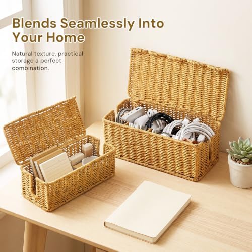 2Pcs Scalloped Edge Cable Management Box, Handmade Rattan Cord Organizer