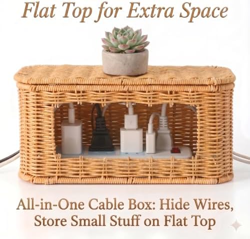 Small Cable Management Box, Mini Wicker Basket for Hiding Cords & Power Strips