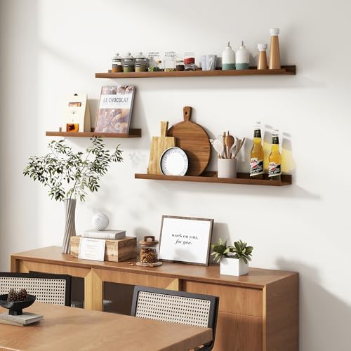 Picture Ledge Wall Shelves 24 inches Width Set of 3, Solid Pine Wood Rustic Floating Ledge Shelves for Wall for Kids' Room Bedroom Kitchen Bathroom Living Room Nursery Display Wall Decor, Walnut