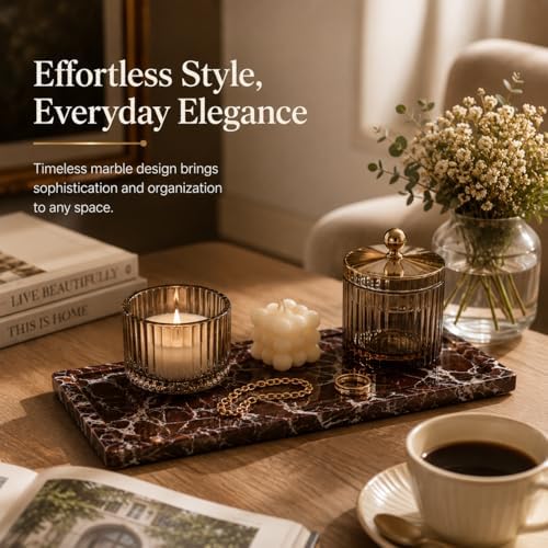 Marble Decorative Tray for Home Decor, Red Vanity Tray for Bathroom Countertop, Small Perfume Tray for Dresser, Luxury S