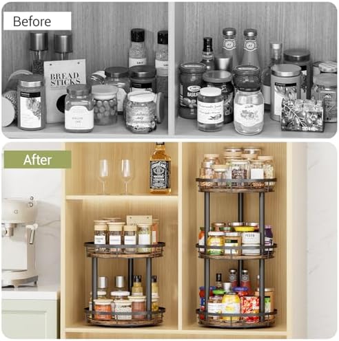 LAMU 12'' Wood Lazy Susan Spice Rack Organizer, 3 Tier Spice Organization for Cabinet, Countertop, Kitchen, Table Top, P