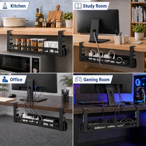 Under Desk Cable Management Tray, 15.75" No Drill Clamp-On Metal Cable Tray for Power Strip, Compact Under Desk Cord Org
