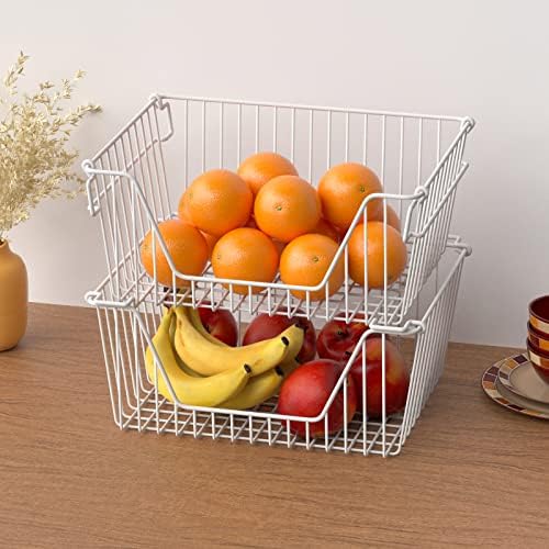 Slideep 14'' Large Stackable Storage Baskets Cabinet Organizer Sturdy Metal Wire Pantry Freezer Bin for Pantry Home Bath