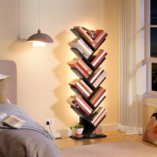 Hoctieon 10 Tier Tree Bookshelf with LED Lights, Small Bookcase, Freestanding Book Shelf, Display Floor Standing Storage