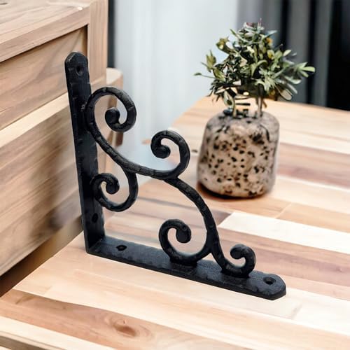 NACH Decorative Shelf Brackets, 2 Pack of 5.5 x 0.7 x 5.5 inch, Black Cast Iron Shelving Brackets - Metal Shelf Brackets