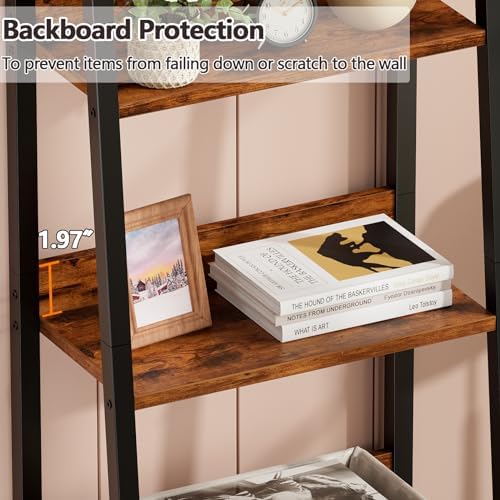 Furologee 4 Tier Ladder Shelf, Small Bookshelf with Drawer, Rustic Brown