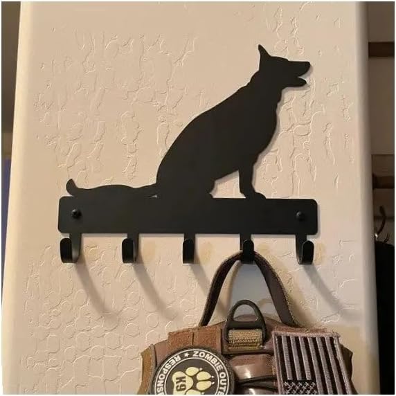 German Shepherd Sitting - Key Holder Dog Leash Hanger for Wall - Large 9 inch Wide with 5 Hooks - Made in USA