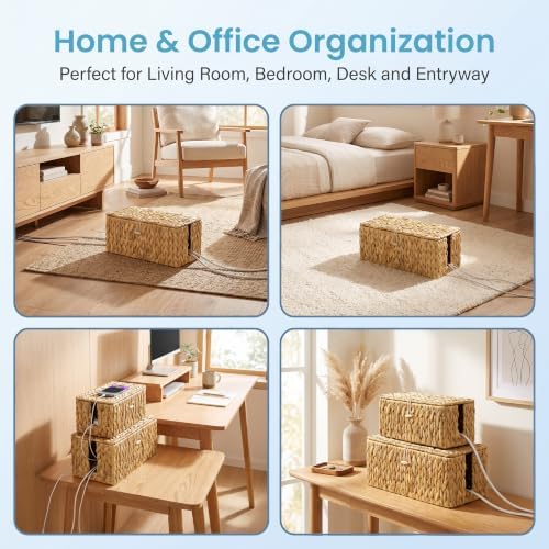efluky 2 Pack Water Hyacinth Floor Cord Covers with Lid, Hand-woven Cable Management Box, 2 Open Slots Cord Box to to Hi