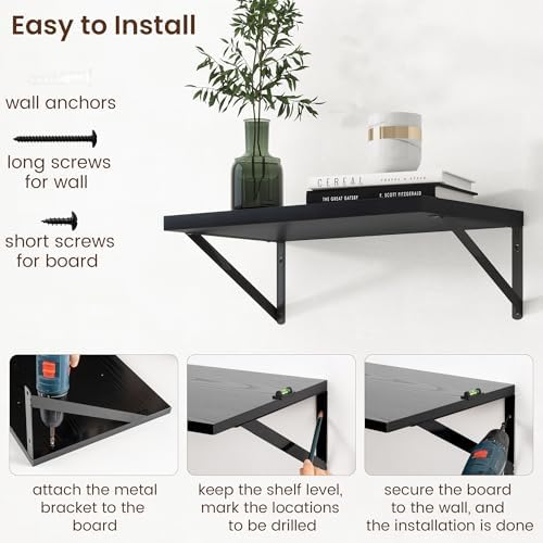 Axeman Deep Floating Shelves - 20 Inch Black Floating Shelves Set of 2-12 Inch Deep Wood Wall Shelves for Living Room Ba