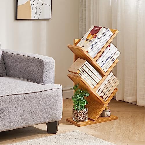 YMYNY 4 Tier Tree Bookshelf, Small Bookcase, Modern Wood Book Storage Rack, Freestanding Book Shelf for Books/Movies/CDs