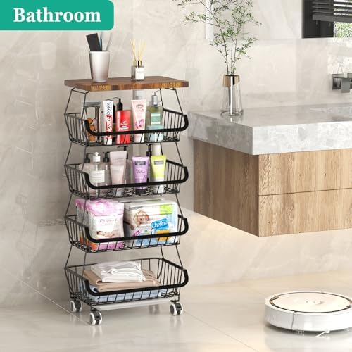 CHLORYARD Fruit Basket with Wooden Lid for Kitchen, 5-Tier Stackable Wire Fruit Vegetable Storage Basket Organizer Stand