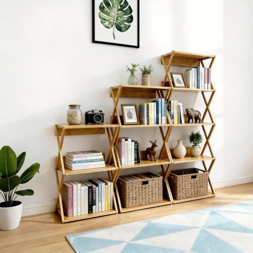 Aniston Bookshelf, 5 Tier Bamboo Bookcase with Back Panel, Standing Book Shelf for Small Space, Storage Shelves for Livi