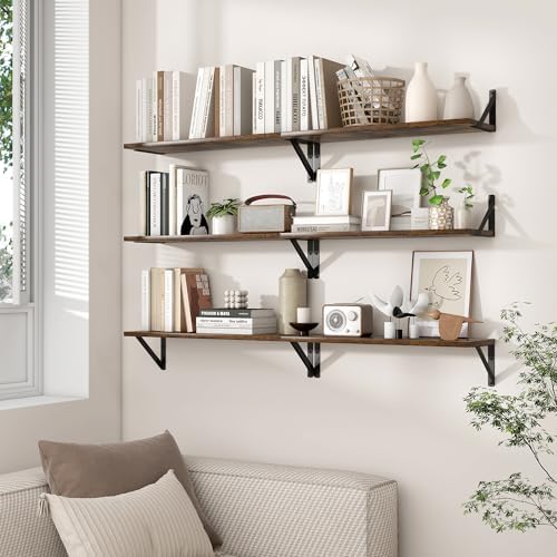 Axeman 24 Inch Floating Shelves, 8 Inch Deep Brown Wall Shelves Set of 2