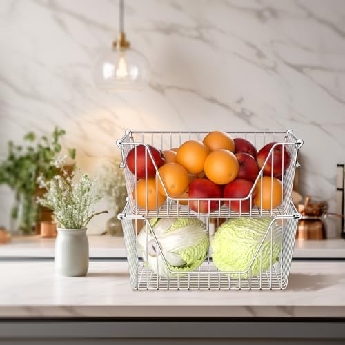 Slideep 14" Large Stackable Storage Baskets, Cabinet Organizer Sturdy Metal Wire Pantry Freezer Bin for Pantry Home Bath