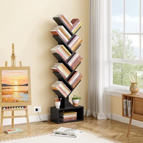 Hoctieon 9 Tier Tree Bookshelf, Tall Bookcase, Freestanding Book Shelf with LED Lights, Display Floor Standing Storage S