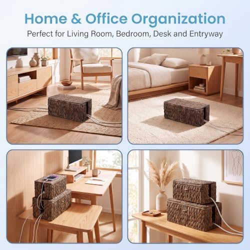 efluky 2 Pack Water Hyacinth Floor Cord Covers with Lid, Hand-Woven Cable Management Box, 2 Open Slots Cord Box to to Hi