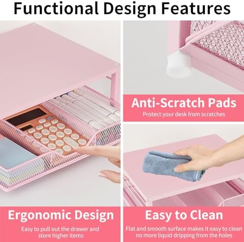 Small Pink Laptop Stand for Desk, Monitor Stand, Office Desk Accessories, Computer Desktop Stand with Drawer for Home, O