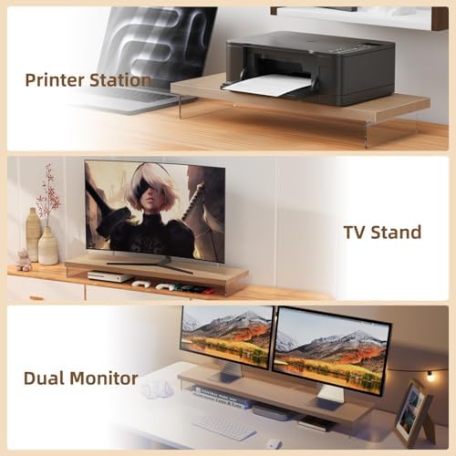 Monitor Stand Riser, 25x10 in Wood & Acrylic Computer Desk Organizer Shelf