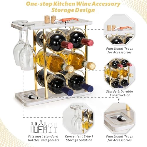 Gold Wine Rack with Glass Holder, Countertop Wooden Wine Holder for 6 Bottles & 2 Glasses, Includes Storage Trays for Co