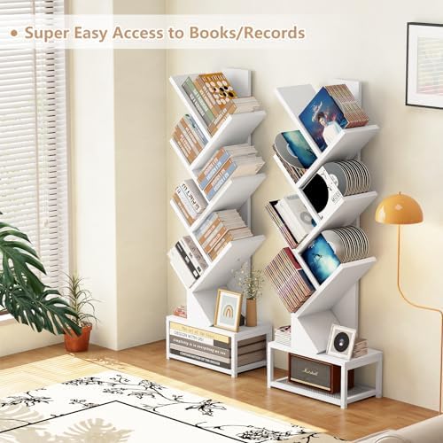 EasyCom Tree Bookshelf Metal Base, 7 Tier Bookcase Storage, Floor Standing Bookshelf Organizer for CDs/Books, Bookshelve