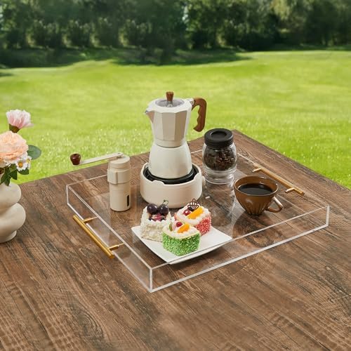 Large Clear Acrylic Serving Tray (16×18 Inches) with Gold Handles Spill Proof Acrylic Decorative Tray Organiser for Otto
