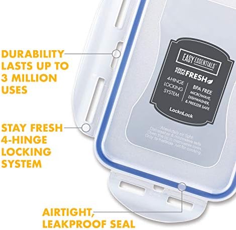 LOCK & LOCK LocknLock Easy Essentials Airtight Rectangular Tall Food Storage Container 7.61 Cup, 4 Piece, Clear