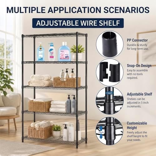 Dkeli 5-Tier Adjustable Heavy Duty Metal Storage Shelves, 250 Capacity Per Shelf, 36" X 14" X 72" Wire Shelving Unit Rac
