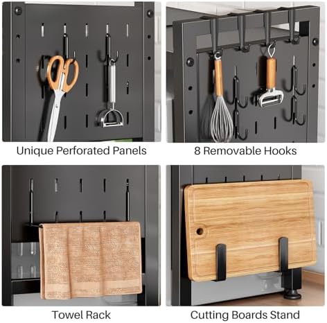 Expandable Microwave Stand Countertop, 2-Tier Adjustable Microwave Oven Rack with 8 Hooks & 2 Holders, Heavy Duty Carbon