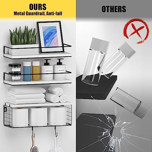 3+3 Wall Mounted White Bathroom Shelf Over Toilet with Toilet Paper Storage Basket & Hooks, Bathroom Organizers and Storage, Hanging Corner Shelf Floating Shelves for Bathroom Wall Room Decor