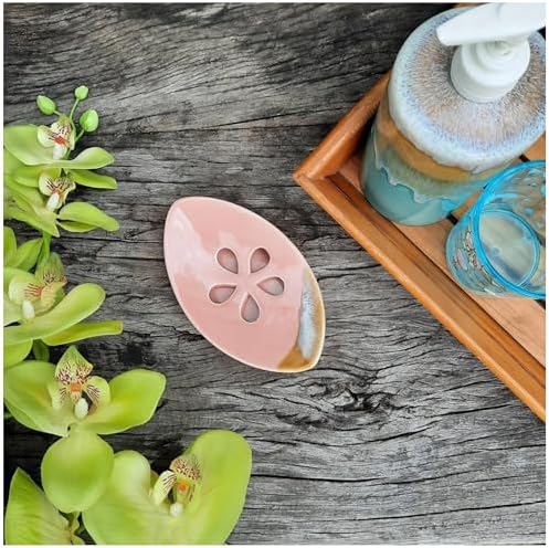Ceramic Soap Dish with Self Draining Tray for Bar Soap, Bathroom, Kitchen (Pastel Pink)