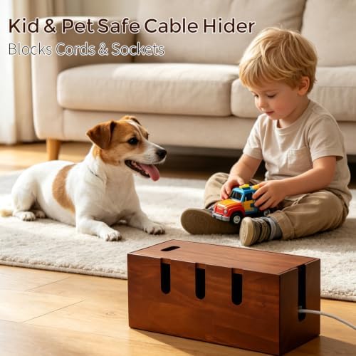 Wooden Cable Management Box, Power Strip Cord Hider with 5 Cable Slots