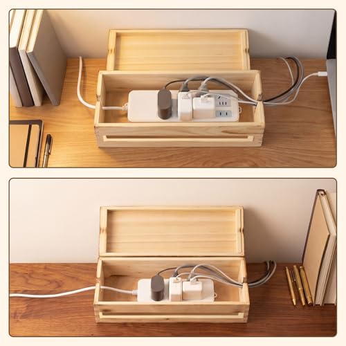 Changsuo Cable Management Box Wooden Cord Organizer Box for Extension Cord Power Stripe Surge Protector Wire Management
