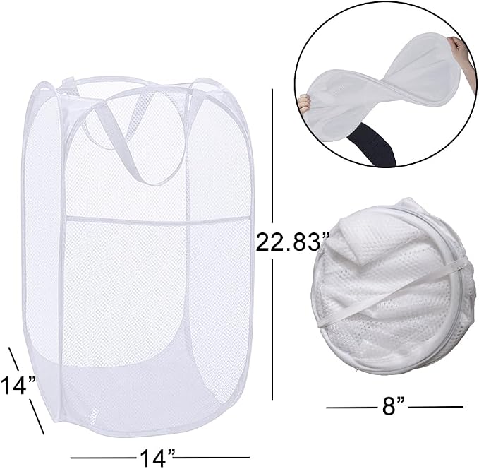 2 Pack Mesh Pop Up Laundry Baskets, Collapsible Laundry Hampers, Foldable Clothes Basket Storage Bins with Handles & Side Pocket for Cruise, Travel, Laundry Room, Dorm, Home (White)