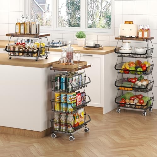 CHLORYARD Fruit Basket with Wooden Lid for Kitchen, 4-Tier Stackable Wire Fruit Vegetable Storage Basket Organizer Stand