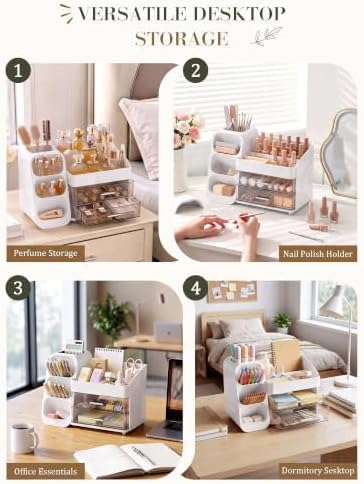 Makeup Organizer for Vanity - Large Skincare Organizers Countertop, Cosmetic Organizer with Brush Holder and 2 Drawer, M